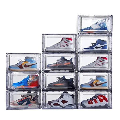 12 Pack Acrylic Clear Shoe Boxes– Ultra Clear Plastic Stackable Sneaker Storage For Sneakerhead. Professional Grade Shoe Display Case with Magnetic Door .Boots and Hat Organizer.Fits US Size 15