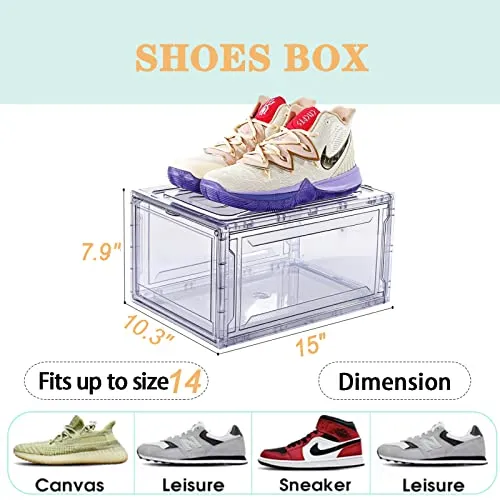 12 Pack Acrylic Clear Shoe Boxes– Ultra Clear Plastic Stackable Sneaker Storage For Sneakerhead. Professional Grade Shoe Display Case with Magnetic Door .Boots and Hat Organizer.Fits US Size 15