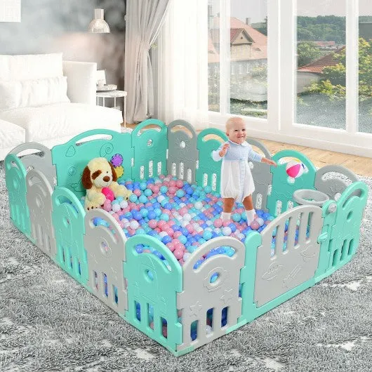 16-Panel Baby Playpen with Music Box & Basketball Hoop-Gray