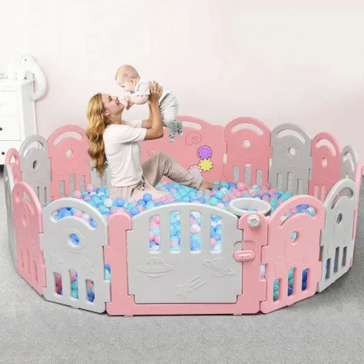 16-Panel Baby Playpen with Music Box & Basketball Hoop-Pink