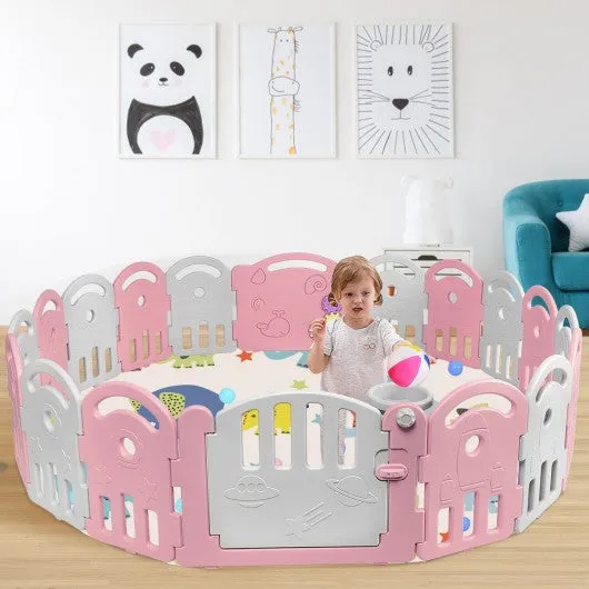 18-Panel Baby Playpen with Music Box & Basketball Hoop-Pink