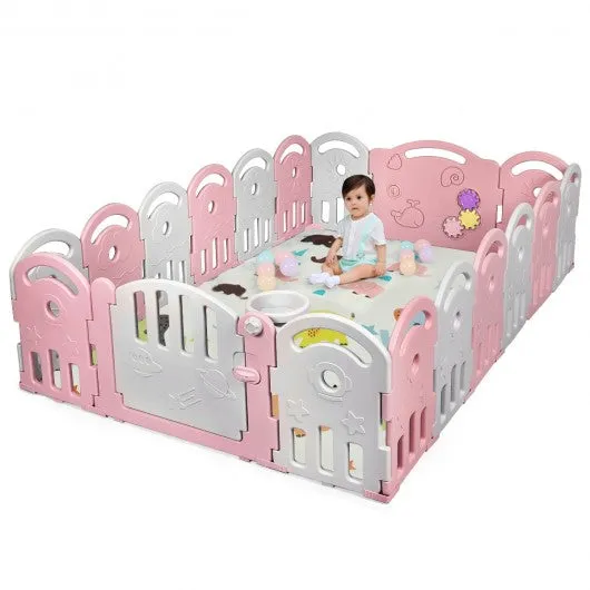 18-Panel Baby Playpen with Music Box & Basketball Hoop-Pink