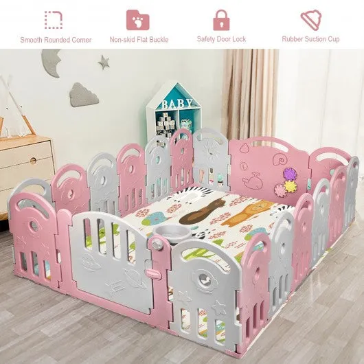 18-Panel Baby Playpen with Music Box & Basketball Hoop-Pink