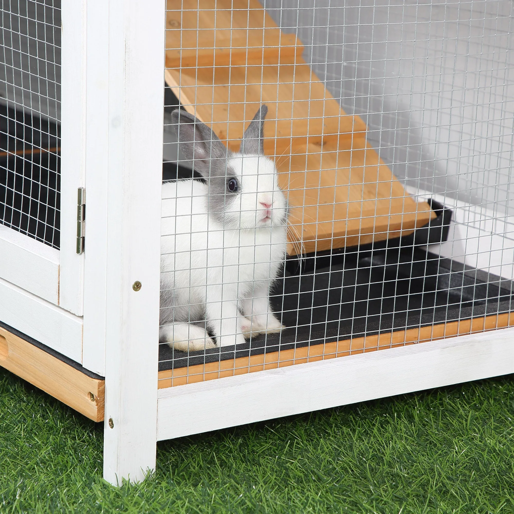 2-Tier Rabbit Hutch Wooden Guinea Pig House Pet Cage Outdoor w/ Sliding-out Tray Ramp, 157.4x53x93.5cm, Yellow