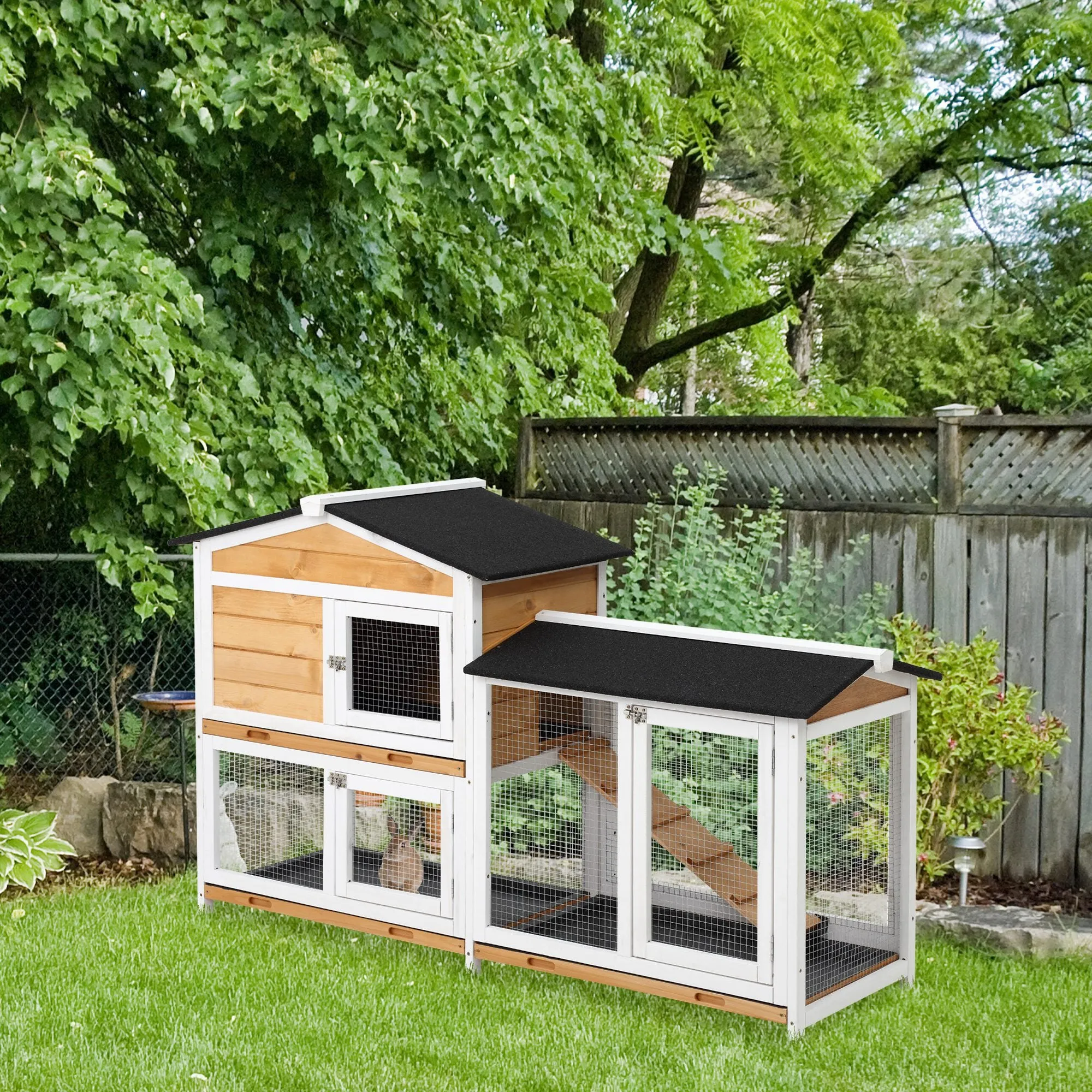 2-Tier Rabbit Hutch Wooden Guinea Pig House Pet Cage Outdoor w/ Sliding-out Tray Ramp, 157.4x53x93.5cm, Yellow