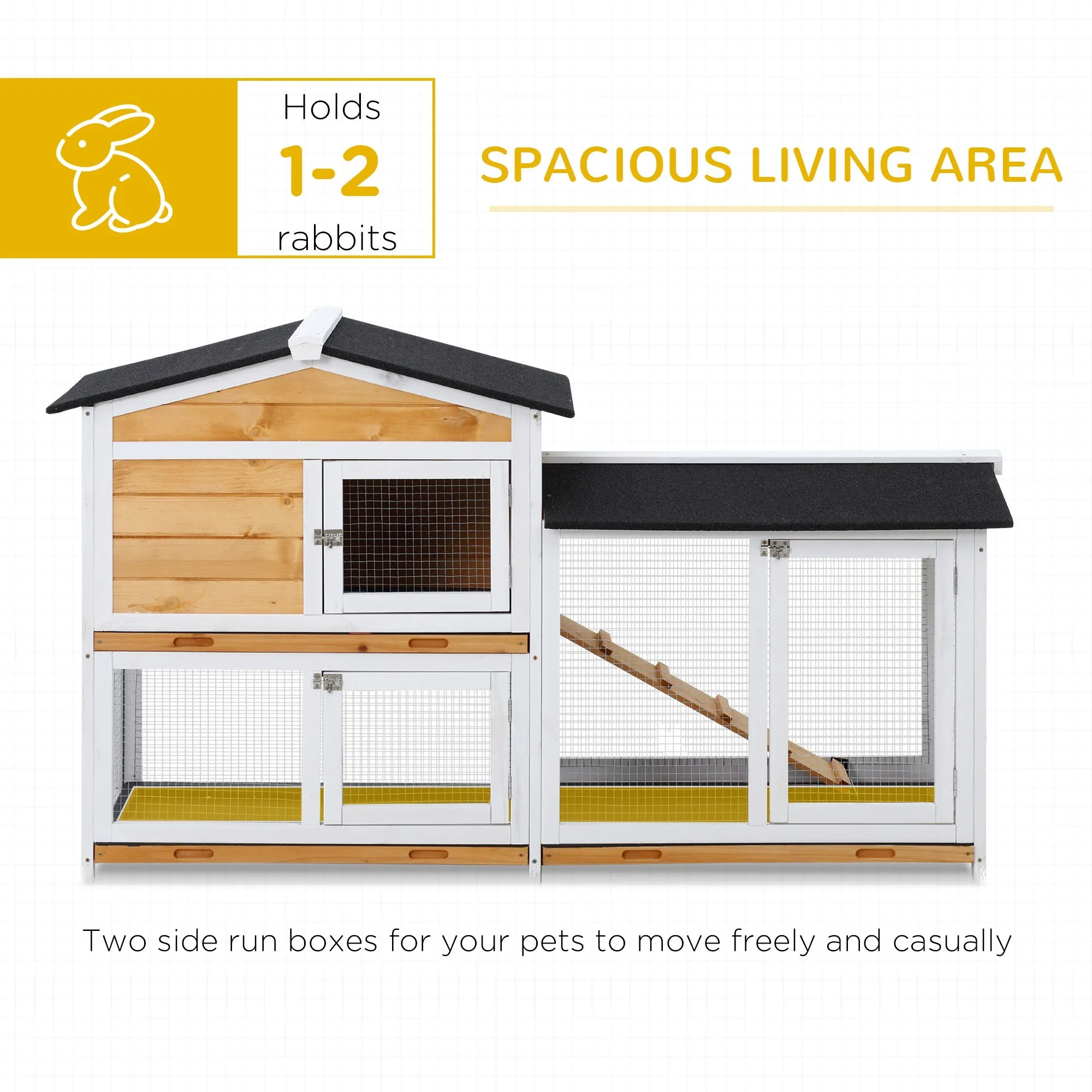 2-Tier Rabbit Hutch Wooden Guinea Pig House Pet Cage Outdoor w/ Sliding-out Tray Ramp, 157.4x53x93.5cm, Yellow