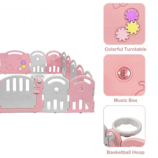 20-Panel Playpen with Music Box & Basketball Hoop-Pink