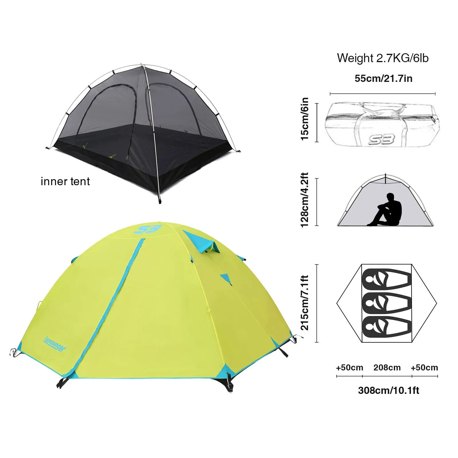 3 person Breathable Mosquito Mesh Camping Beach Tent Ultralight Aluminum Pole Double Layer QuickOpen