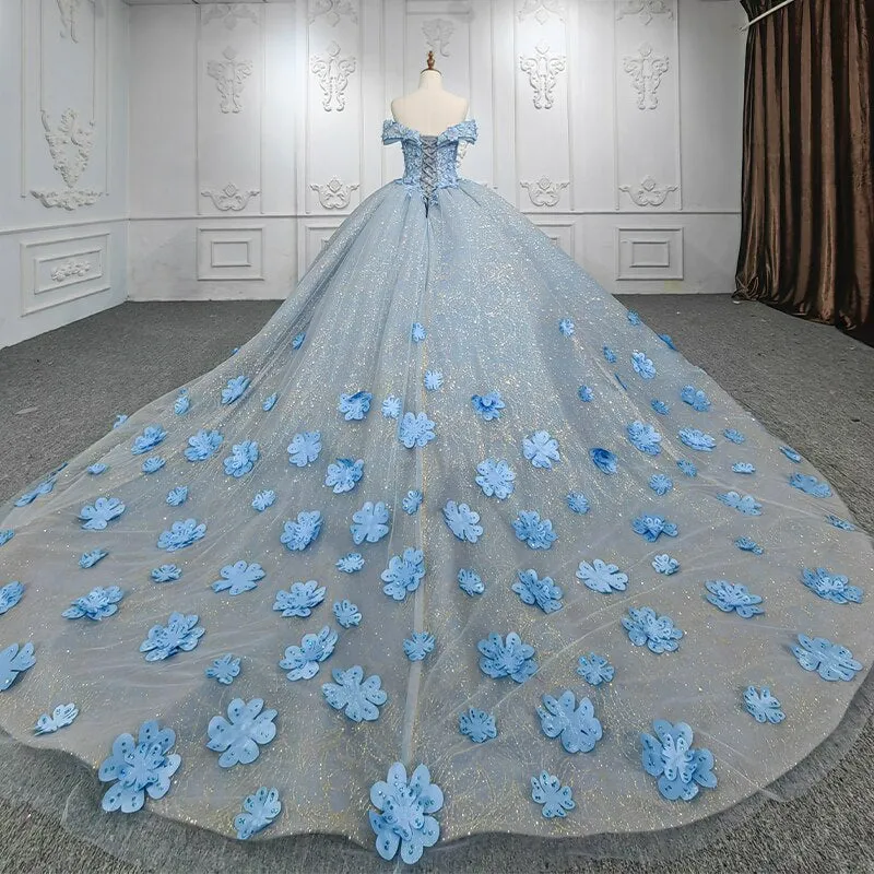 3D flower applique shiny lace blue ball gown evening gala quinceanera dress