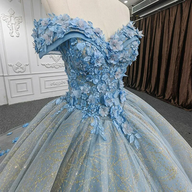 3D flower applique shiny lace blue ball gown evening gala quinceanera dress