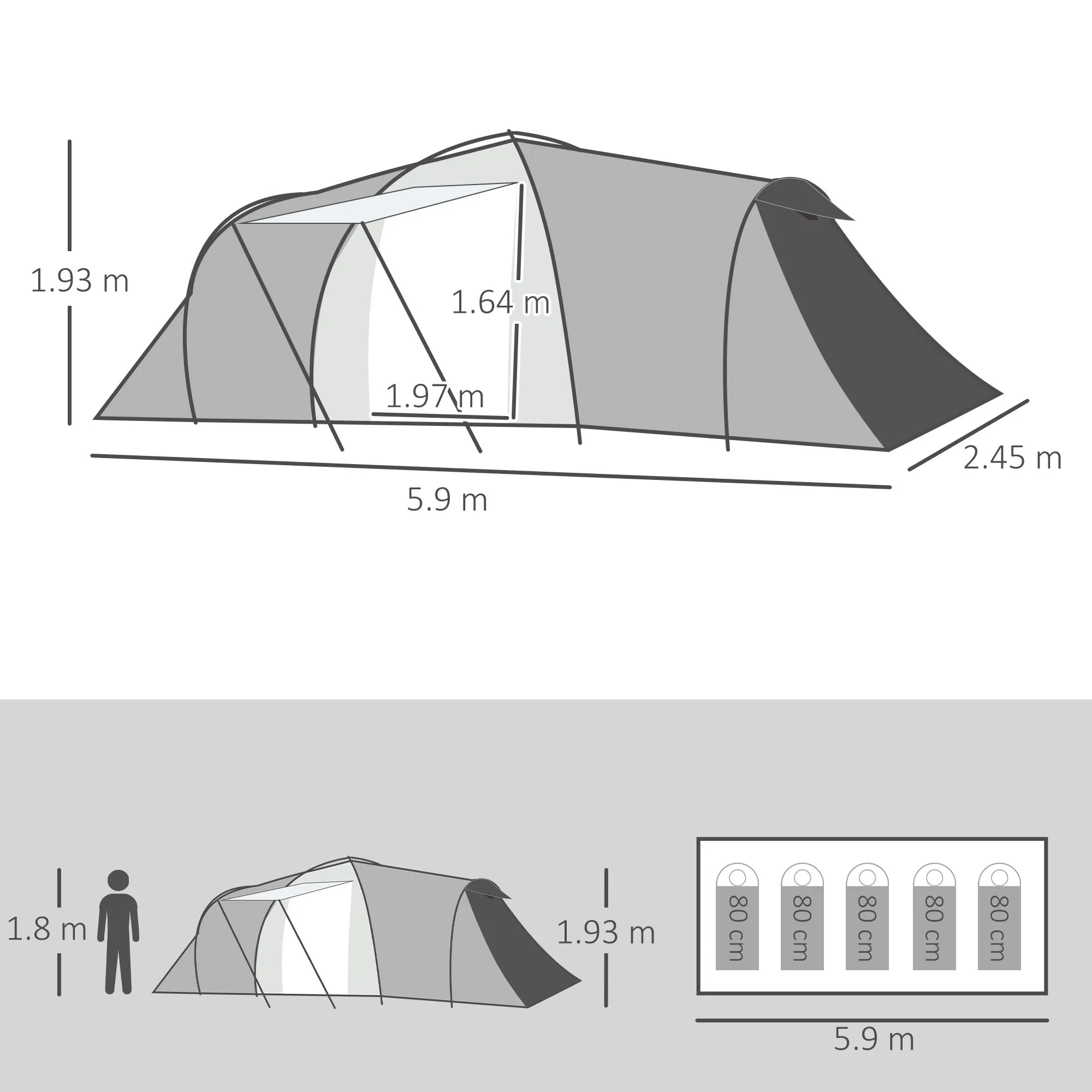 4-6 Man Tunnel Tent Camping Tent with 2 Bedroom, Vestibule, Bag, 2000mm Waterproof, UV50  for Fishing, Hiking, Festival