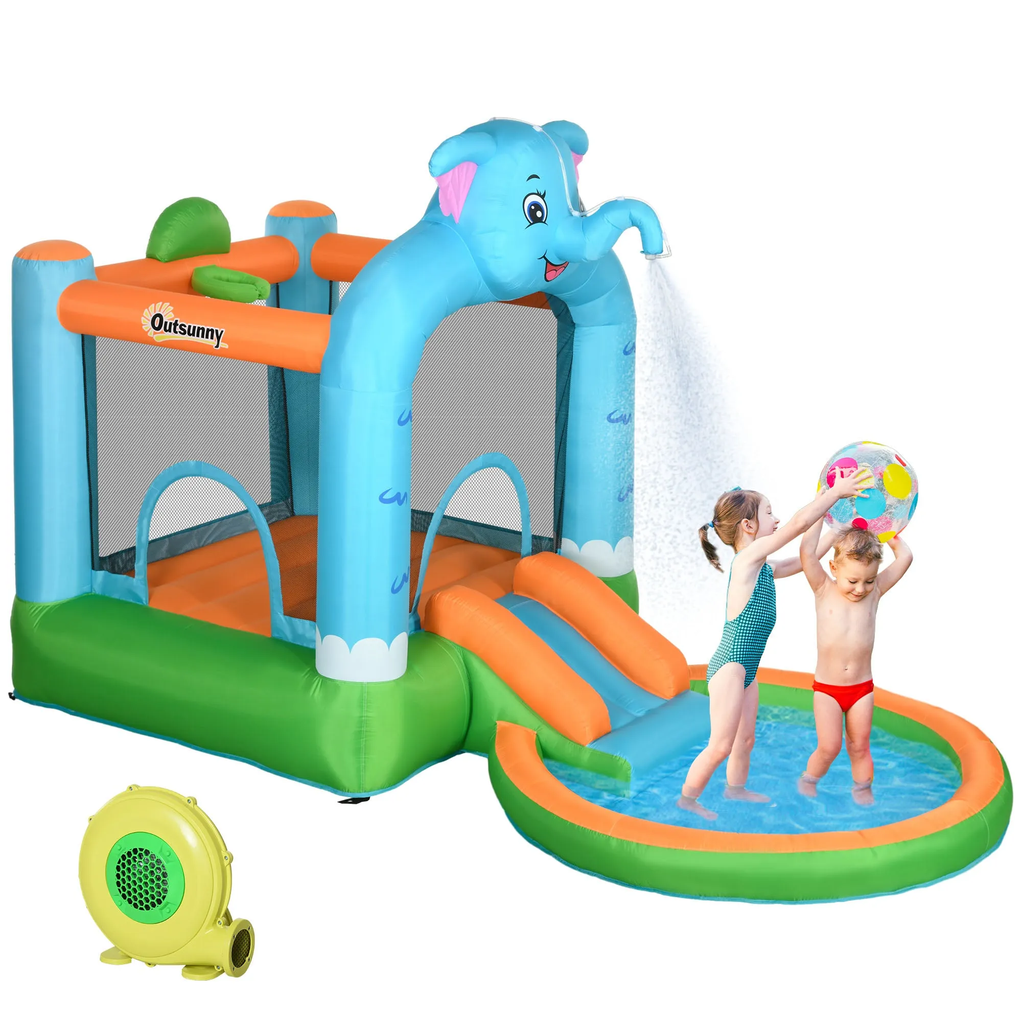 4 in 1 Elephant-Themed Inflatable Water Park, Kids Bouncy Castle, for Ages 3-8 Years - Multicoloured