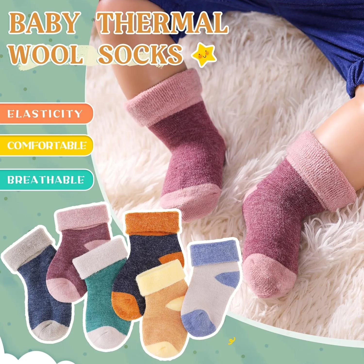 6 Pairs Children'S Winter Thick Warm Wool Socks Soft Kids Toddler Baby Girls Boy Thermal Crew Socks