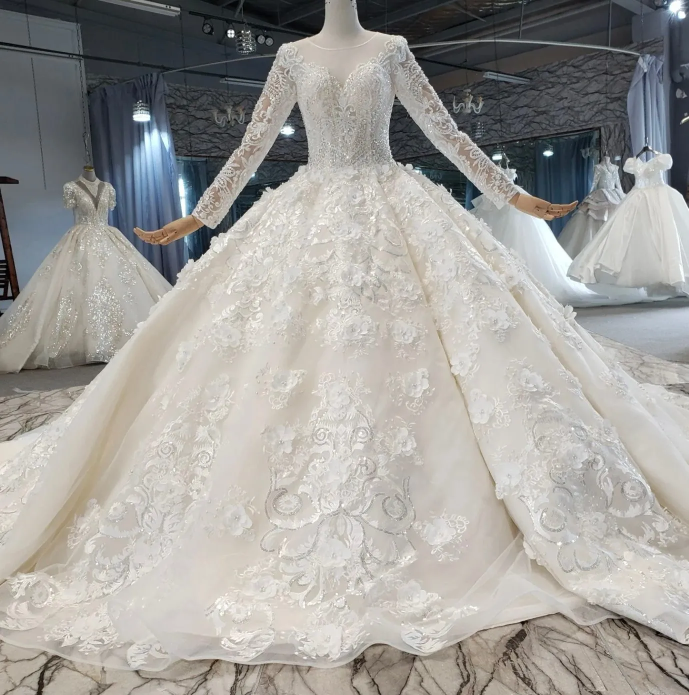 74232-1 Long Sleeve Pearl Lace Applique Haute Couture Ball Gown Wedding Dress Vestido de novia