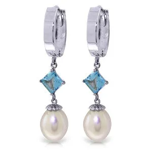 9.5 Carat 14K Solid White Gold Hoop Earrings Natural Pearl Blue Topaz