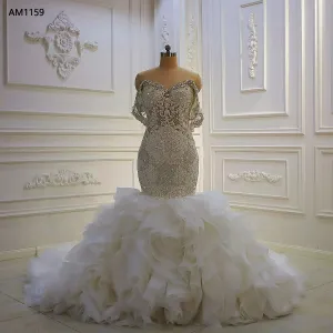 AM1159 Off Shoulder Crystal Ruffle Mermaid Trumpet luxury Wedding Dress