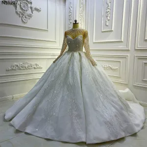 AM1207 High Neck Appliques Full Sleeve ball gown Luxury Wedding Dress