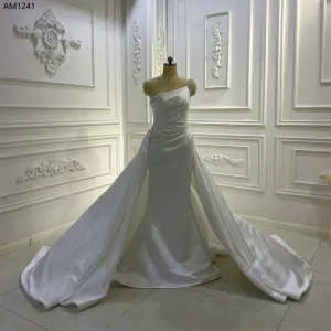 AM1241 One Shoulder Detachable Train luxury satin Wedding Dress