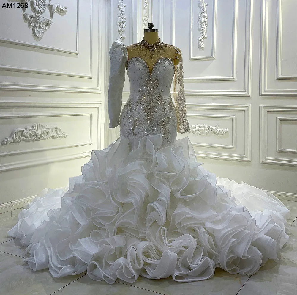 AM1268 Long Sleeve Ruffle Trumpet crystal beaded Luxury long sleeve Wedding Dress