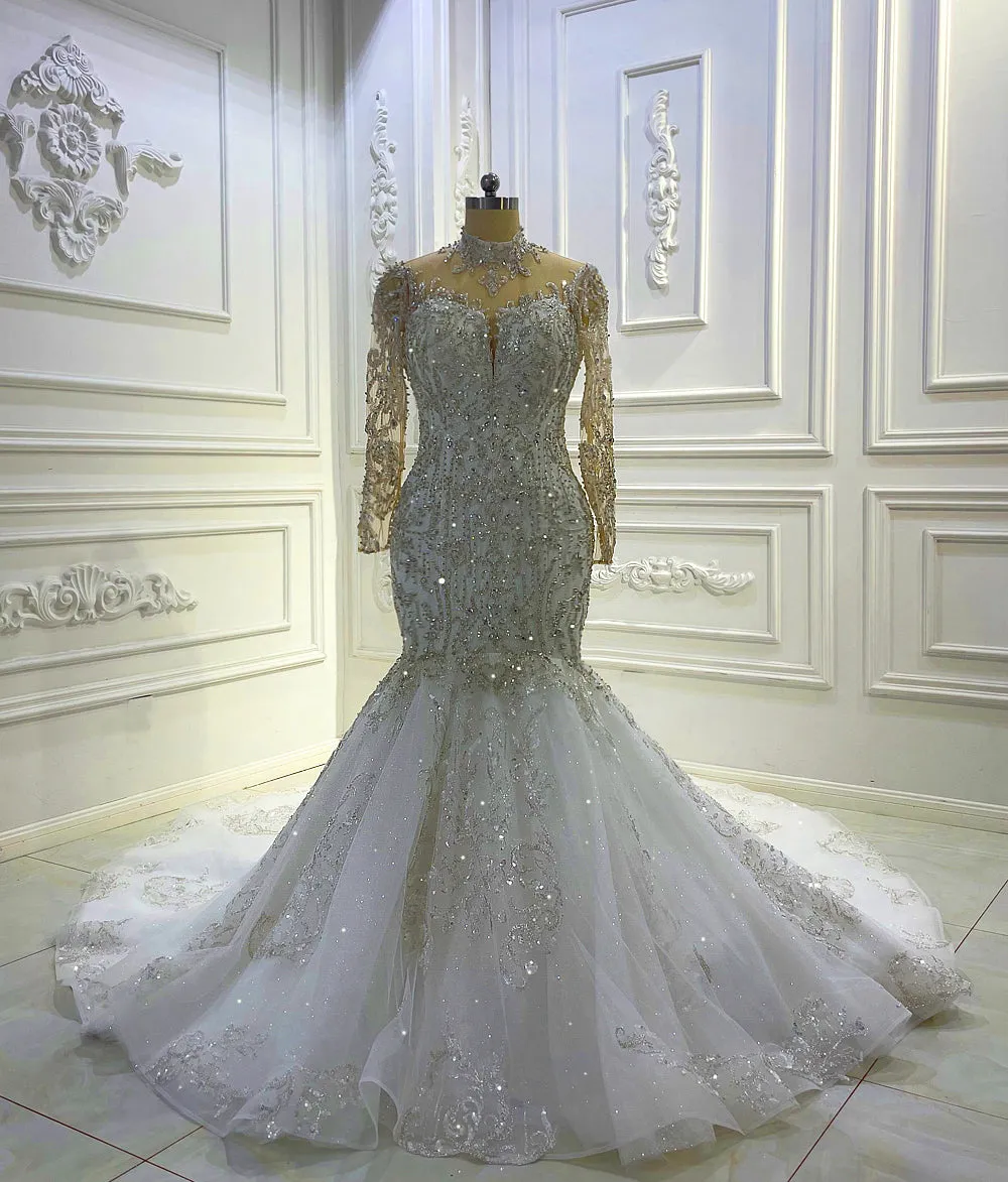 AM1272 Long Sleeve Lace Appliques Mermaid  sequin Appliques Luxury high neck Wedding Dress