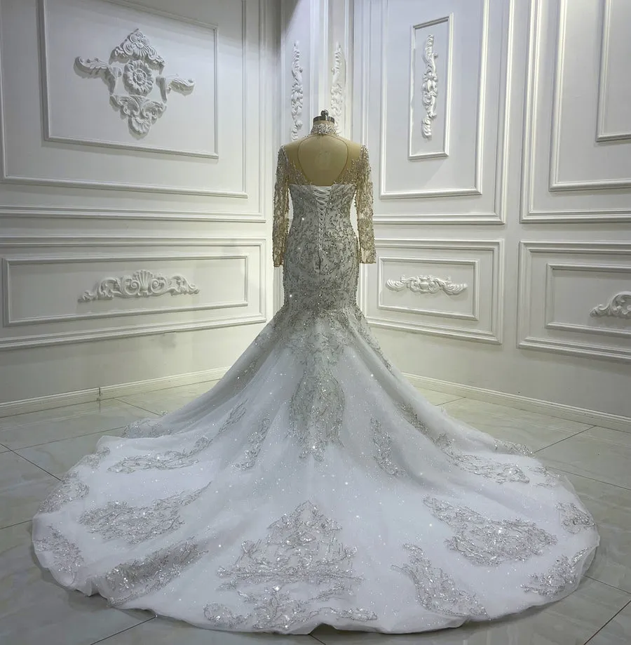 AM1272 Long Sleeve Lace Appliques Mermaid  sequin Appliques Luxury high neck Wedding Dress