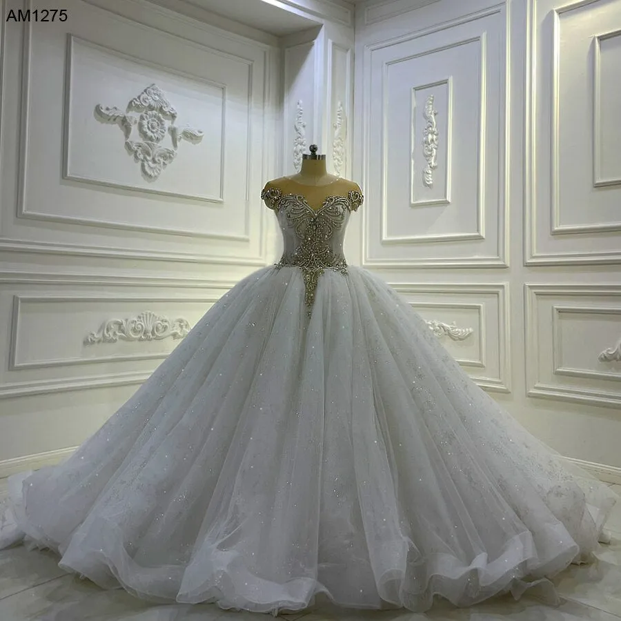 AM1275 Cap Sleeve Crystal Lace crystal beaded Luxury ball gown Wedding Dress