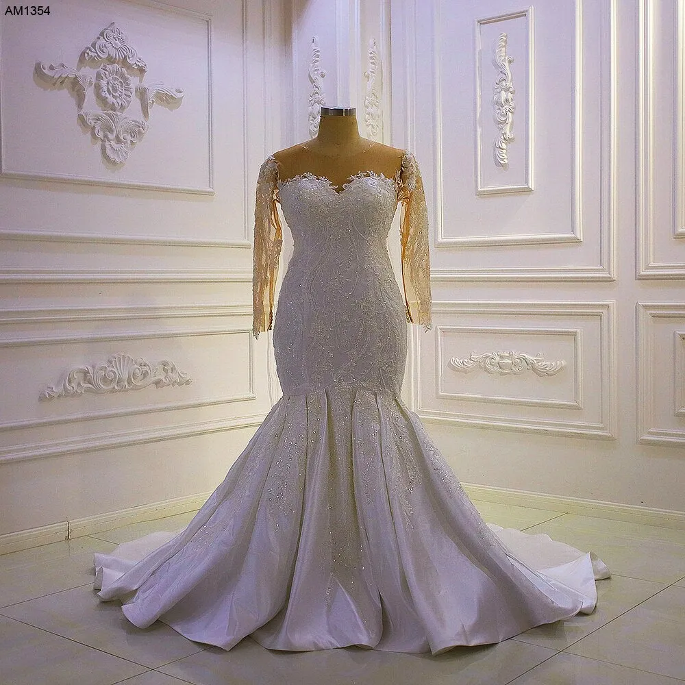 AM1354 Simple Stain Long sleeve Full Beading Mermaid Luxury Wedding Dress