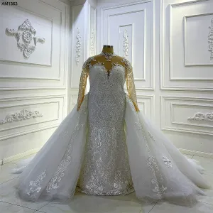 AM1363 High Neck Long Sleeve Luxury Full Lace Plus Size 2 in 1 Mermaid Wedding Dress