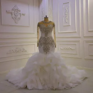 AM1369 Luxury Long Sleeve V-neck Full Beading lace Mermaid Wedding Dress