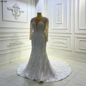 AM1382 Luxury V-neck Long Sleeve full Pearls Beading Mermaid Wedding Dress