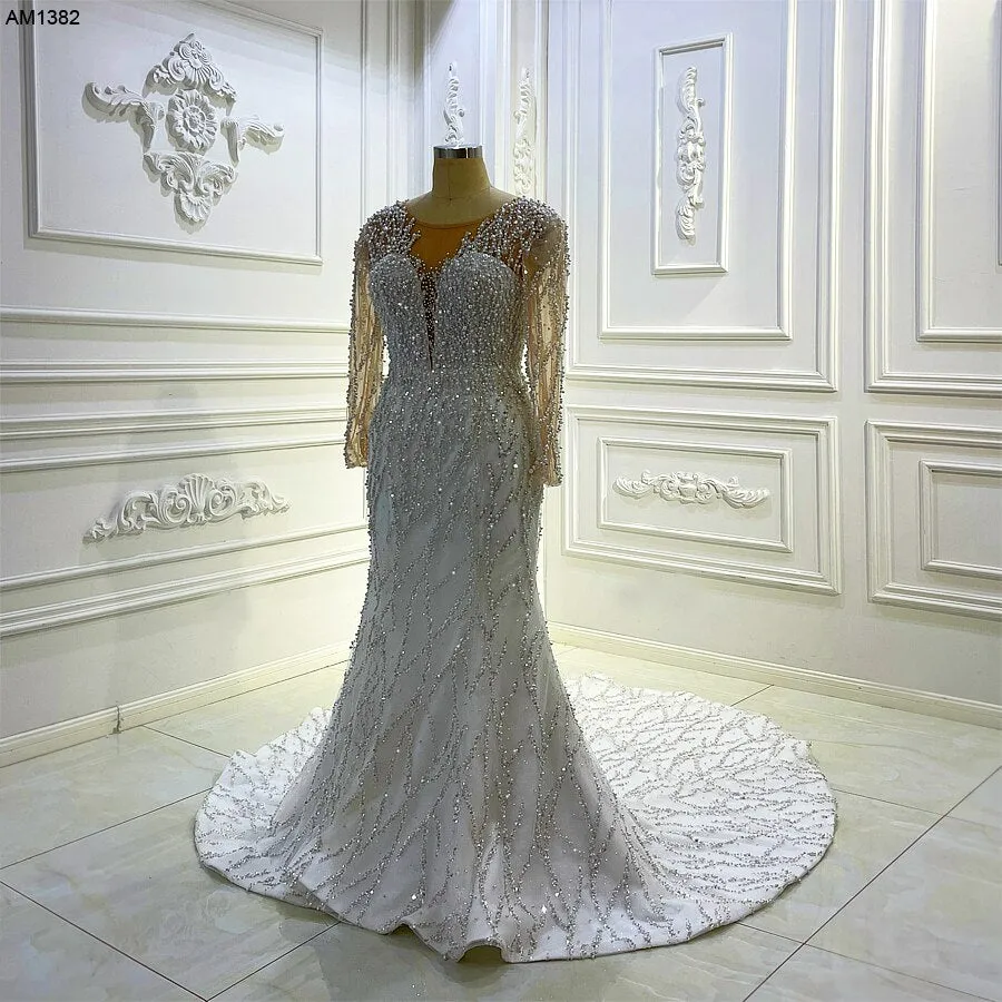 AM1382 Luxury V-neck Long Sleeve full Pearls Beading Mermaid Wedding Dress