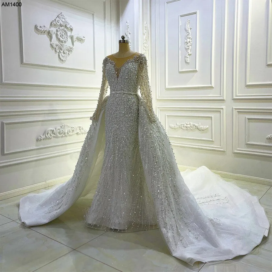 AM1400 Luxury Long Sleeve V-neck Full Beading Sequin Lace 2 In 1 Mermaid Wedding Dress