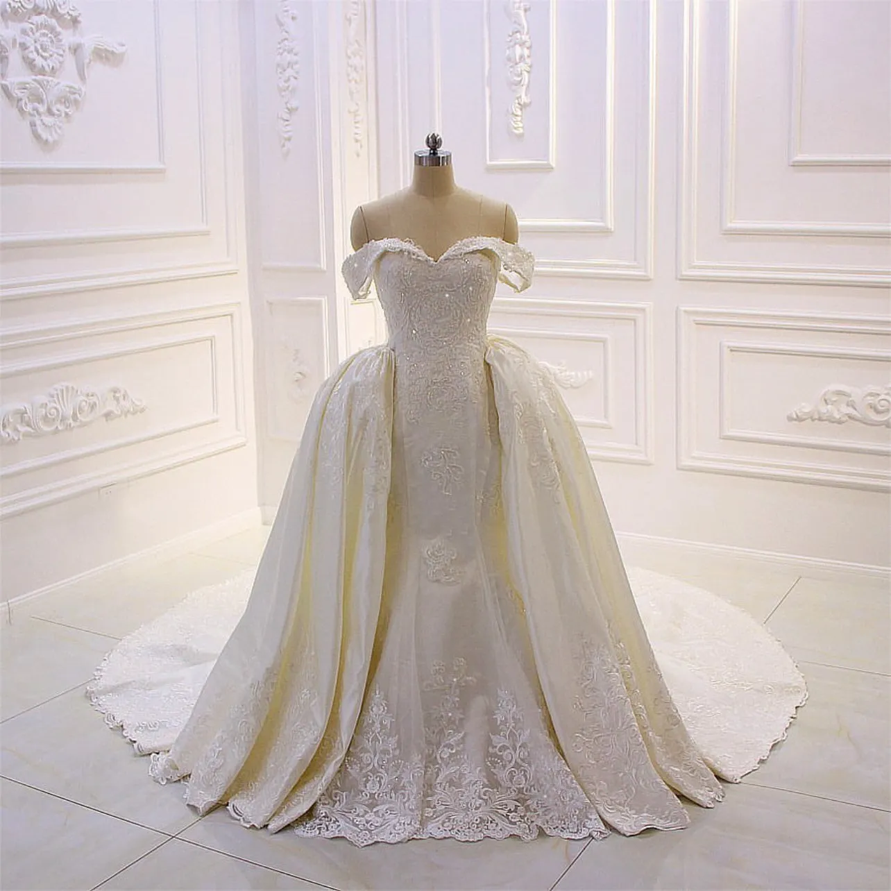 AM203 Off Shoulder Lace Applique Detachable Skirt Wedding Dress