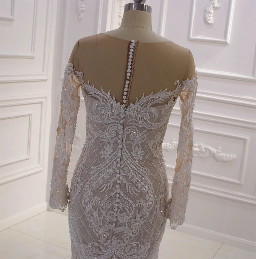 AM430 Long Sleeve Lace Appliques Champagne Mermaid Wedding Dress