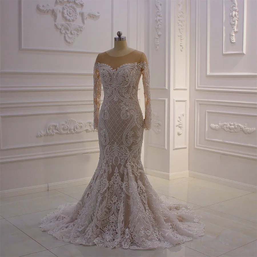 AM430 Long Sleeve Lace Appliques Champagne Mermaid Wedding Dress