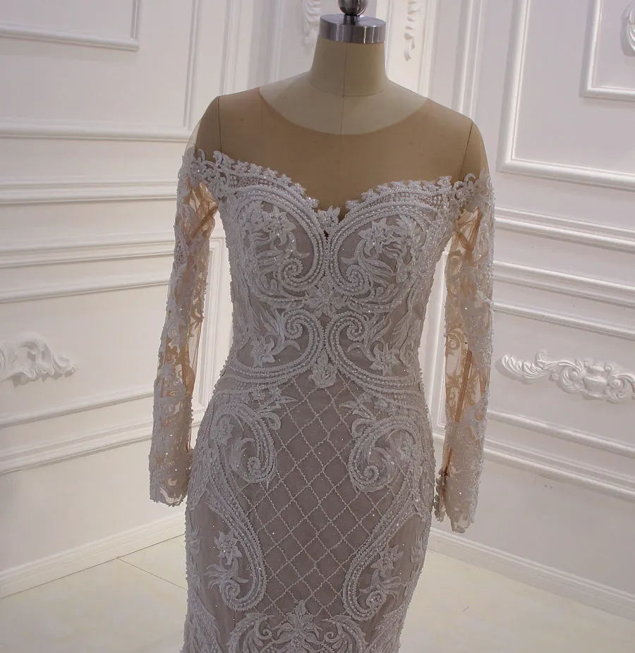 AM430 Long Sleeve Lace Appliques Champagne Mermaid Wedding Dress