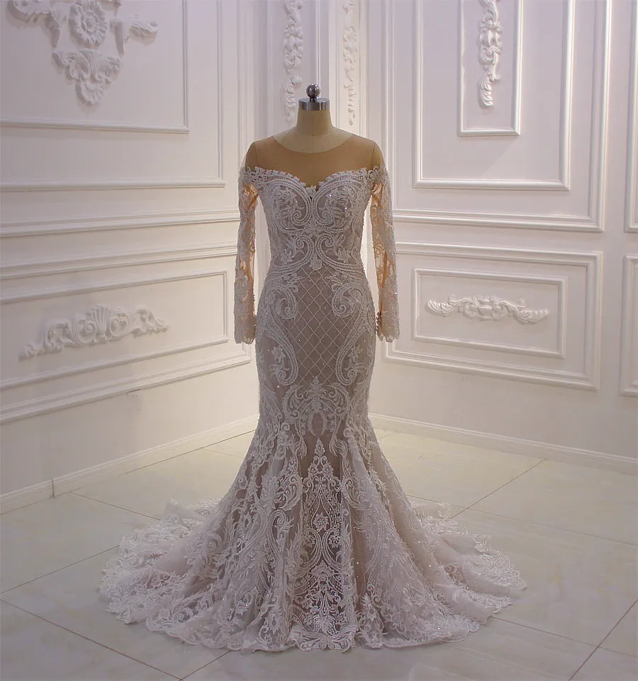 AM430 Long Sleeve Lace Appliques Champagne Mermaid Wedding Dress