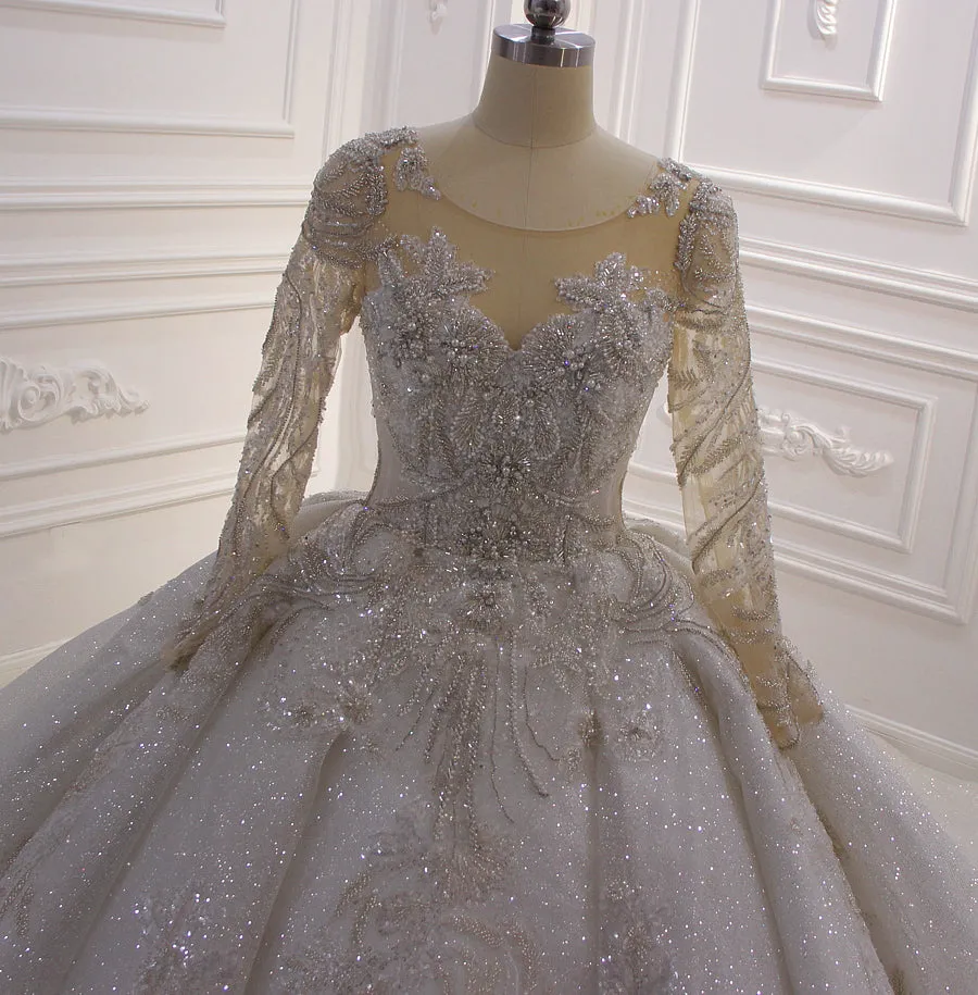 AM595 Long Sleeve crystal beads Appliques Glitter Sparkly luxury ball gown Wedding Dress