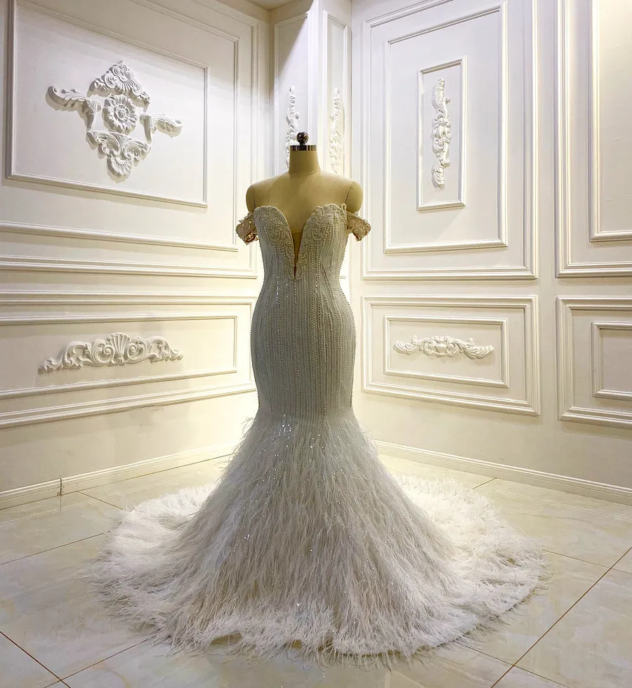 AM609 Off Shoulder Handwork Beading Pearls Mermaid Feather Wedding Dress