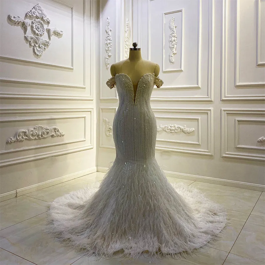 AM609 Off Shoulder Handwork Beading Pearls Mermaid Feather Wedding Dress