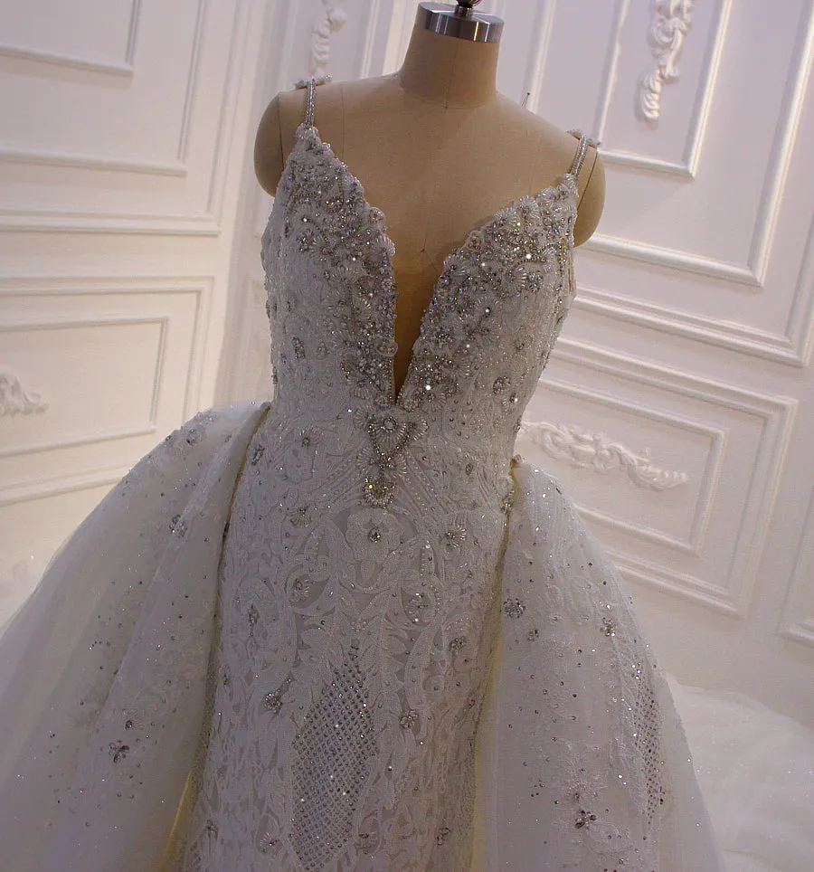 AM614 Spaghetti Straps Lace Applique Detachable Skirt luxury Wedding Dress