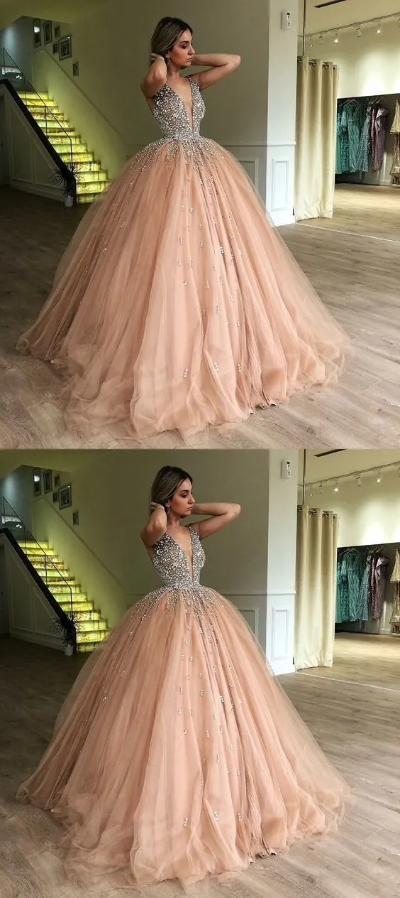 Ball Gown Deep V-Neck Low Cut Champagne Quinceanera Dress with Beading , sparkly prom dress  cg635