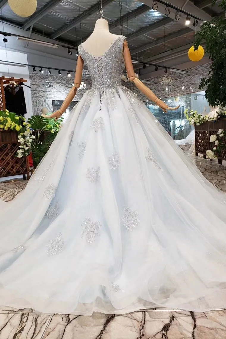 Ball Gown Deep V Neck Sleeveless Tulle Wedding Dress Prom Dress With Beading N1671