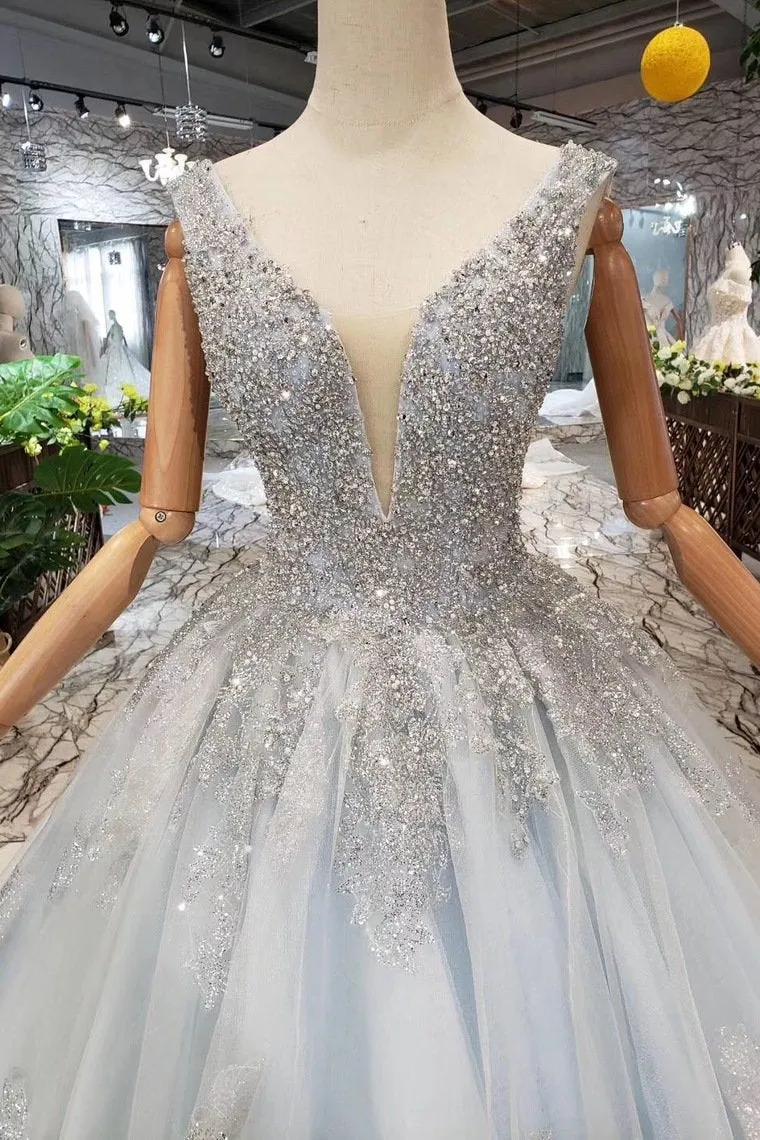 Ball Gown Deep V Neck Sleeveless Tulle Wedding Dress Prom Dress With Beading N1671