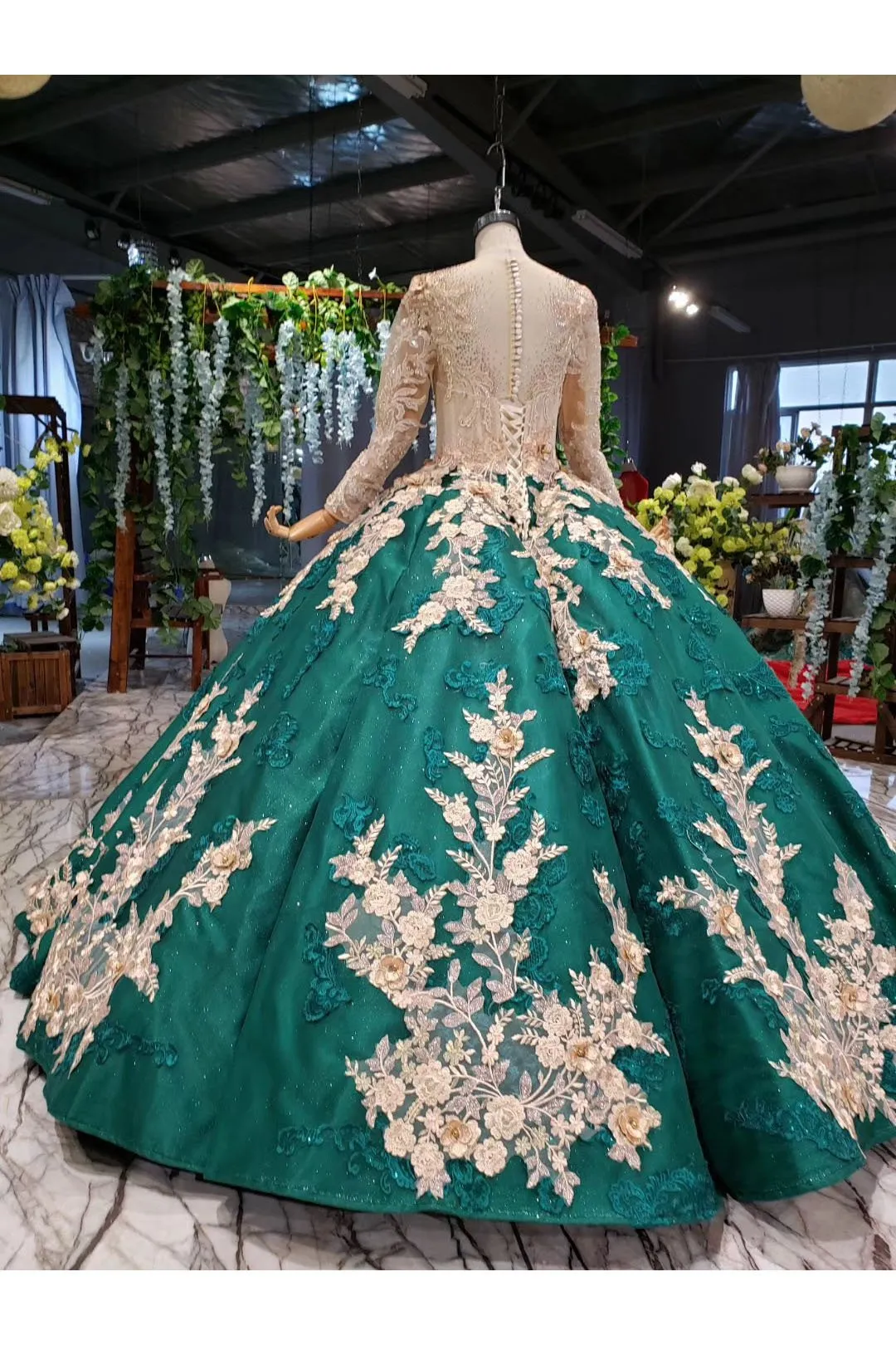 Ball Gown Long Sleeves Floor Length Prom Dress with Appliques, Quinceanera Dresses UQ2385