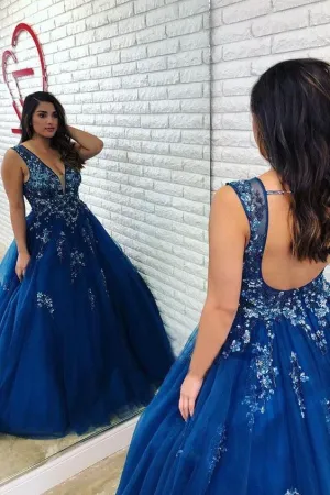 Ball Gown Royal Blue Beaded Long Plus Size Prom Dress with Open Back   cg15311