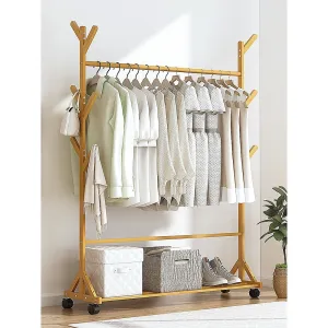 Bamboo Portable Clothes Rack with Shelf & Hooks