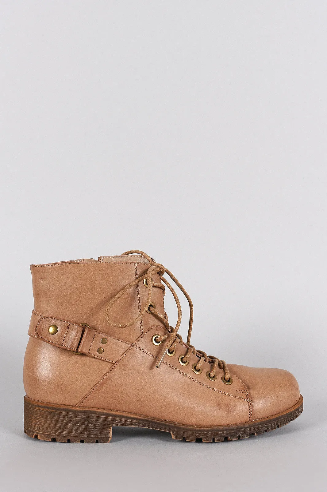 Bamboo Round Toe Combat Lace Up Flat Ankle Boots