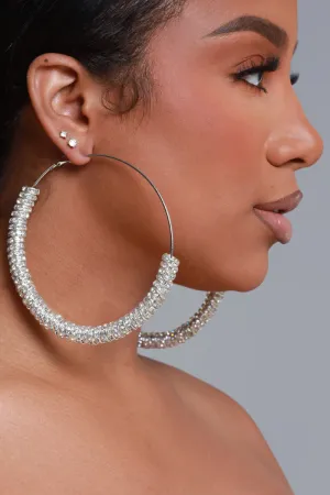 Basketball Vibes Oversized Rhinestone Hoop Earrings - Silver