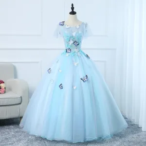 Beautiful Light Blue Tulle Long Prom Dress, Ball Gown Blue Sweet 16 Dresses   cg15510